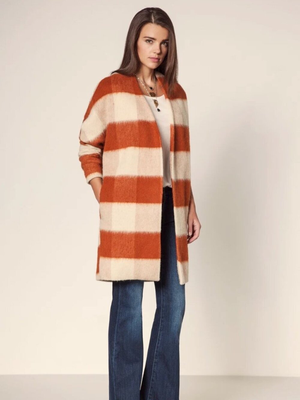 MAISON SCOTCH 60's Throw On Brown Check Wool Blend Blanket Coat, Size 3/4 L/XL